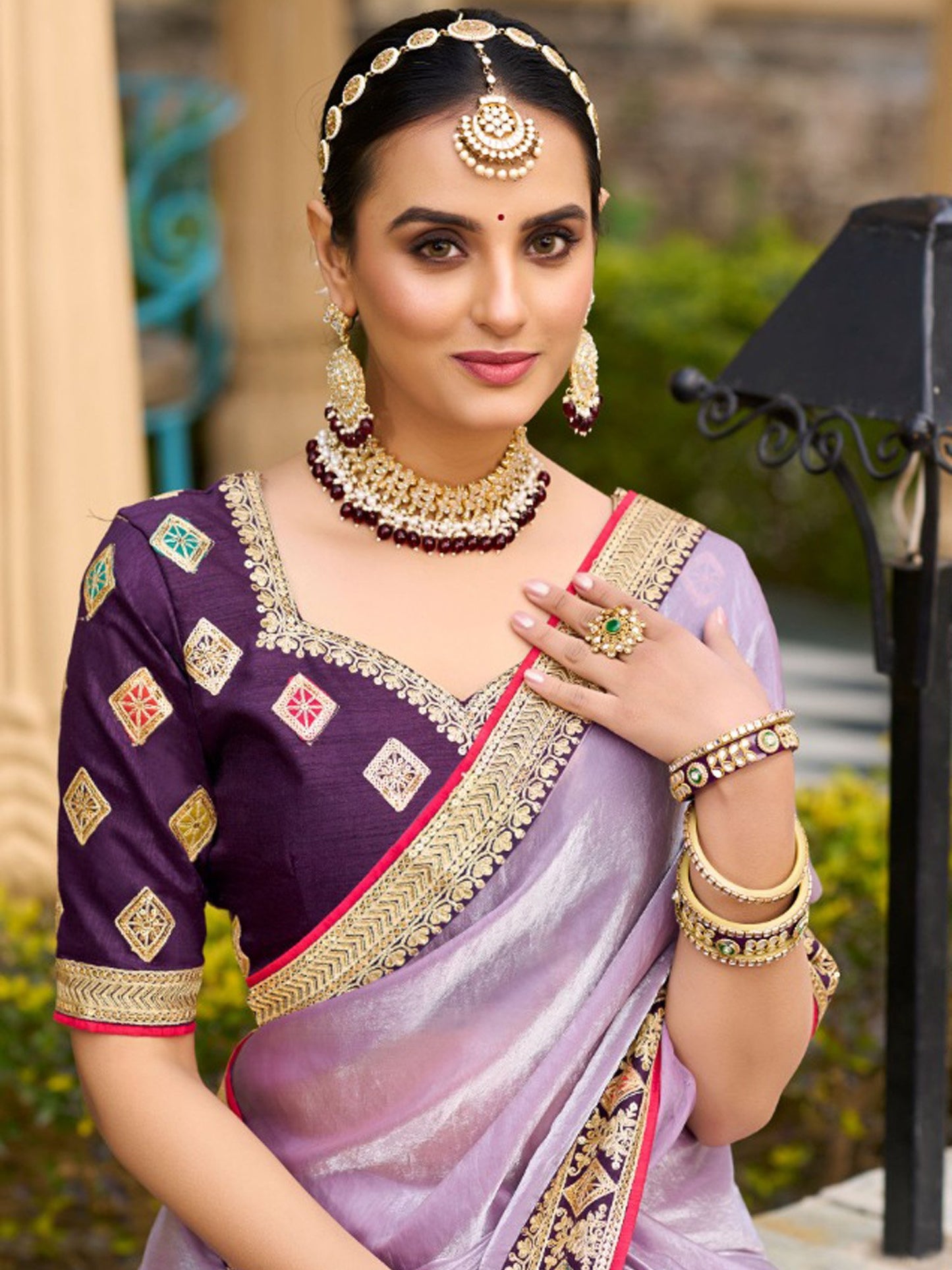 Lavendar Party Wear Satin Silk Embellished Saree