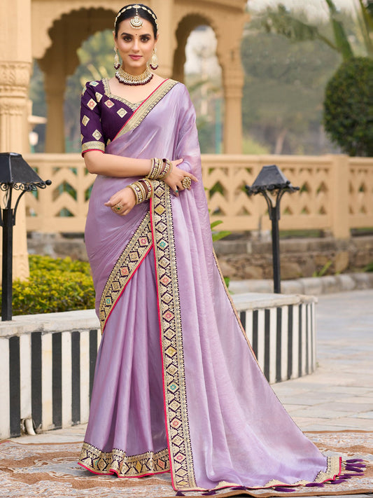 Lavender Lavendar Party Wear Satin Silk Embellished Saree