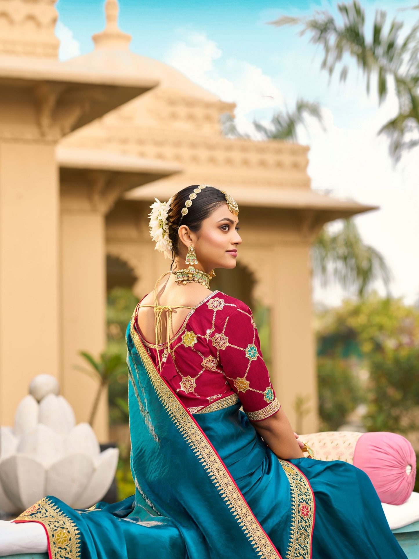 Blue Party Wear Satin Silk Embellished Saree