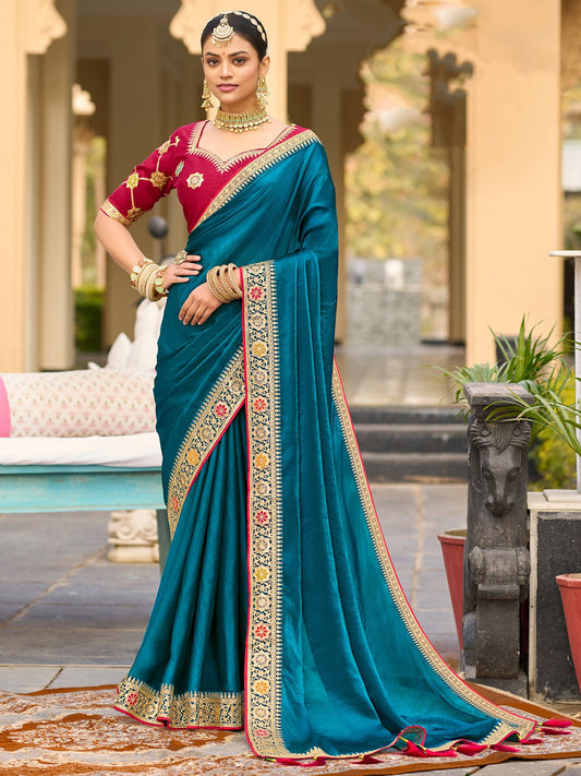 Blue Blue Party Wear Satin Silk Embellished Saree