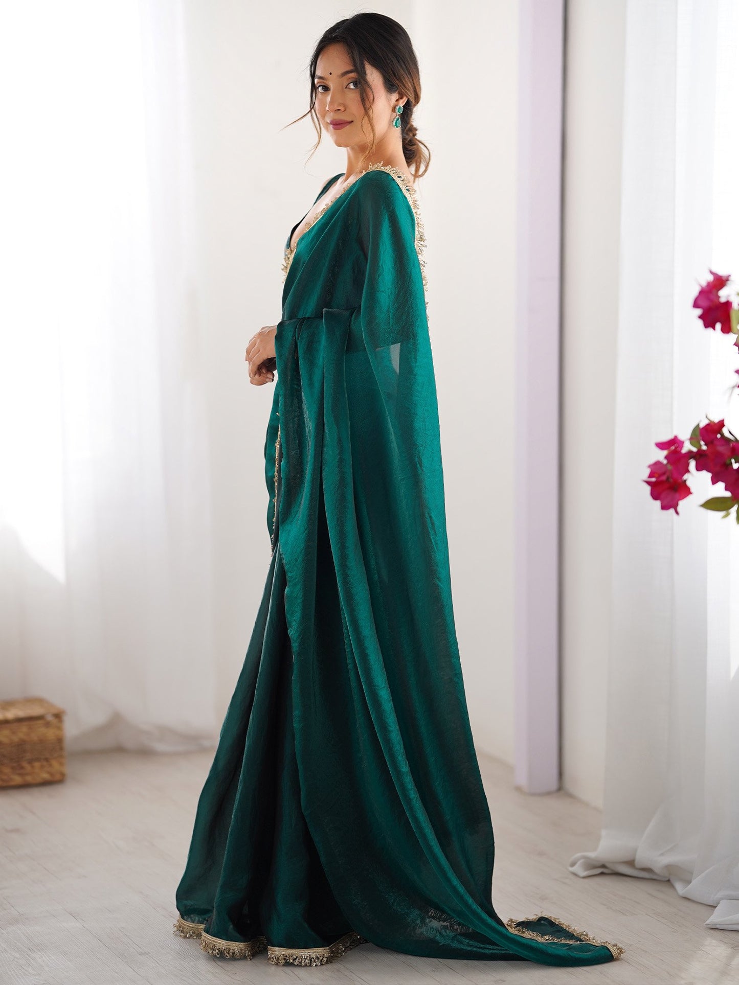 Teal Party Wear Satin Embellished Saree