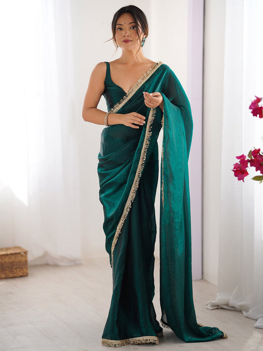 Green Teal Party Wear Satin Embellished Saree