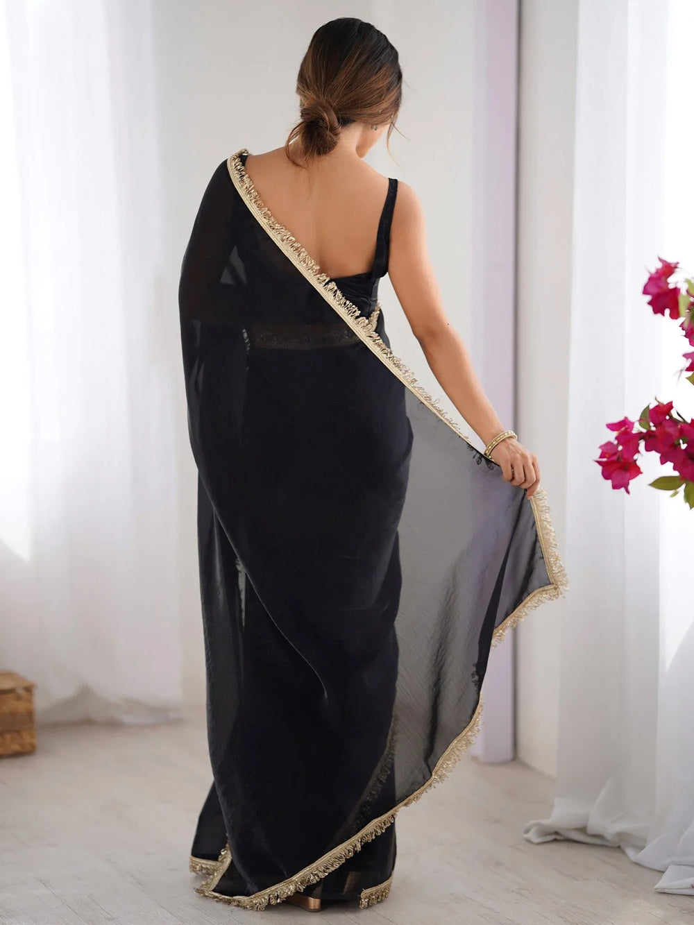 Black Party Wear Satin Embellished Saree - The Dori Store