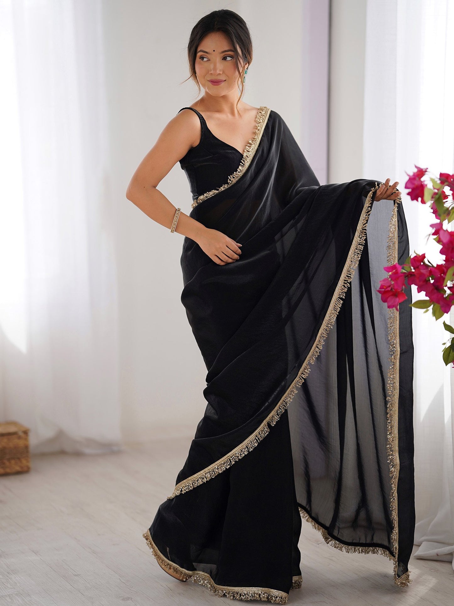 Black Party Wear Satin Embellished Saree