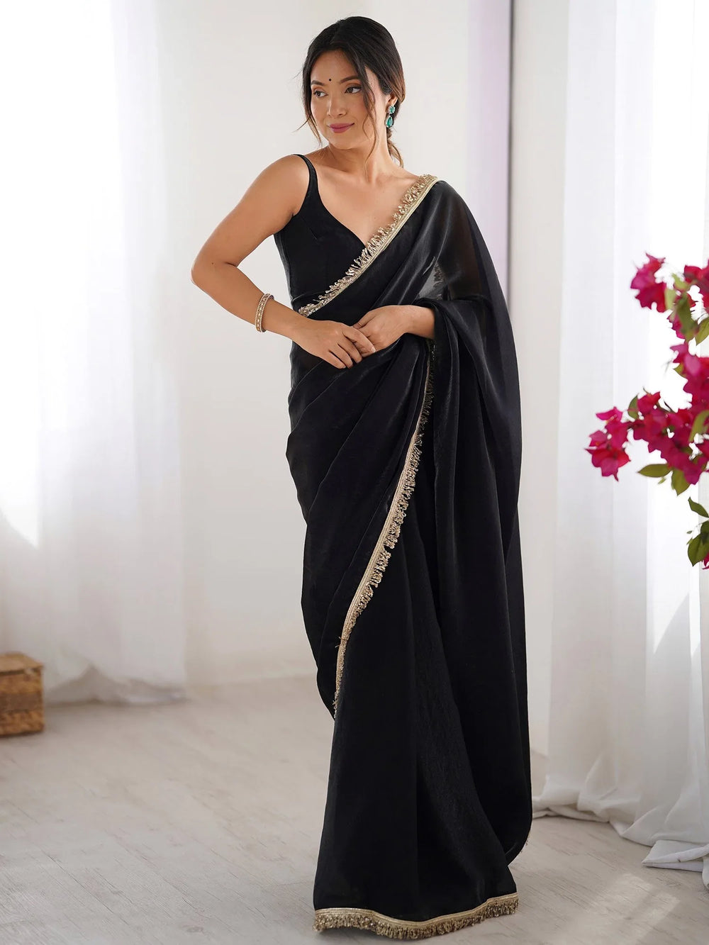 Black Party Wear Satin Embellished Saree - The Dori Store