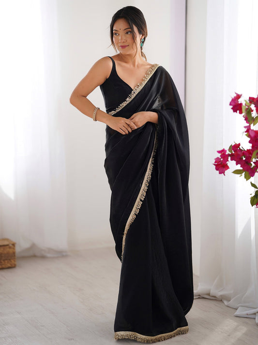 Black Black Party Wear Satin Embellished Saree