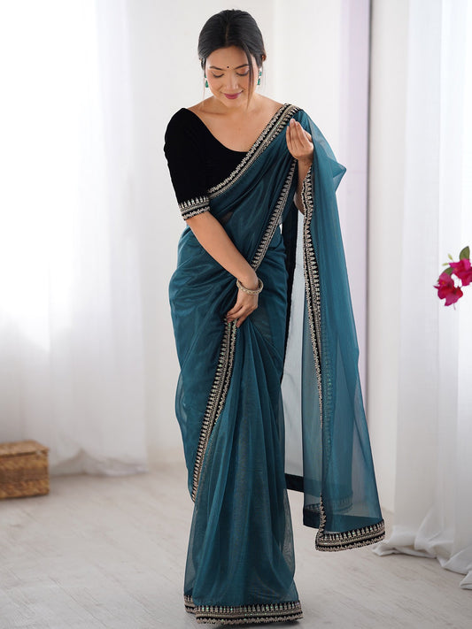 Blue Teal Party Wear Net Embellished Saree