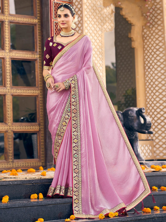 Pink Mauve Party Wear Satin Silk Embellished Saree