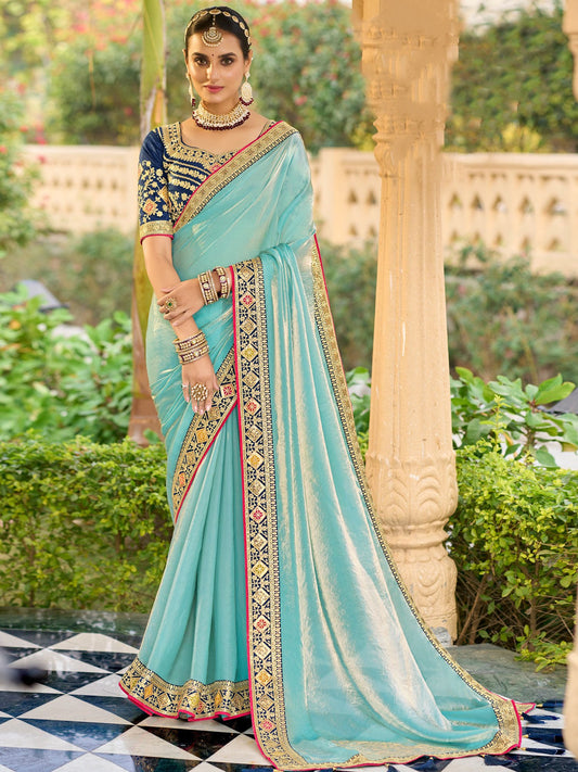 Blue Light Party Wear Satin Silk Embellished Saree