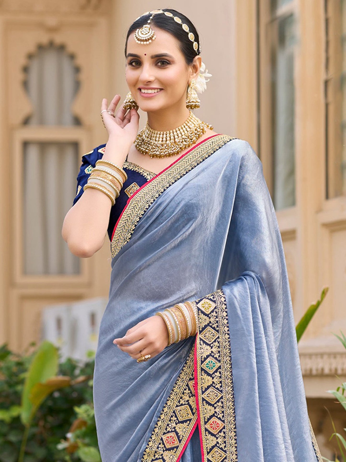 Blue Party Wear Satin Silk Embellished Saree
