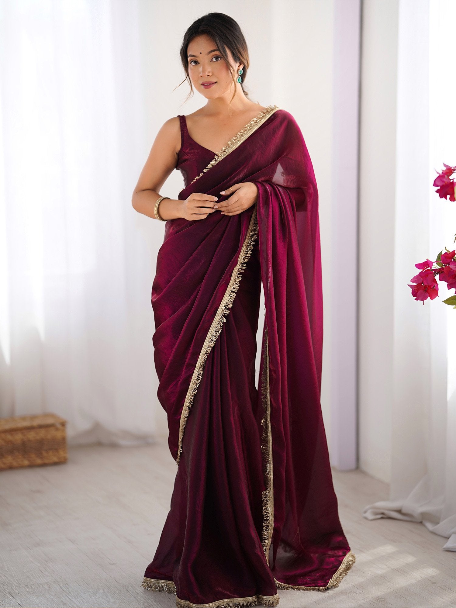 Purple Magenta Party Wear Satin Embellished Saree