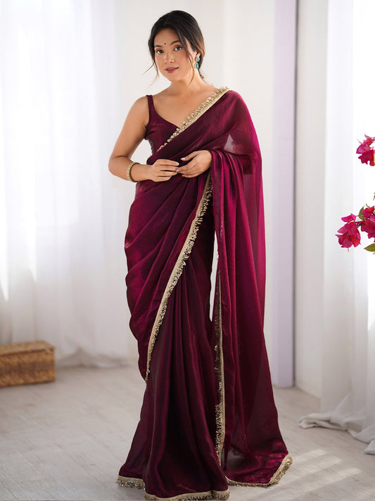 Purple Magenta Party Wear Satin Embellished Saree