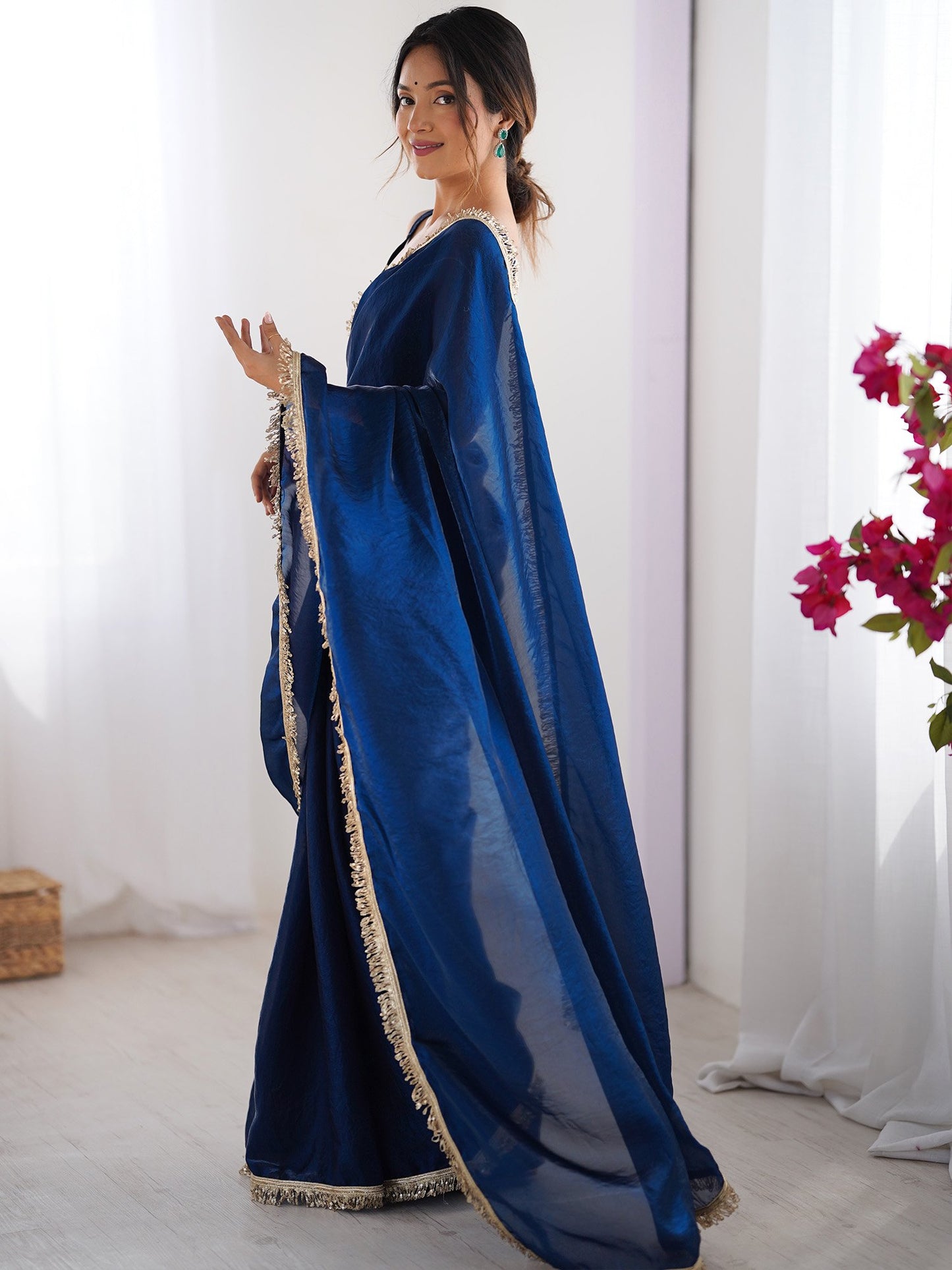Teal Party Wear Satin Embellished Saree