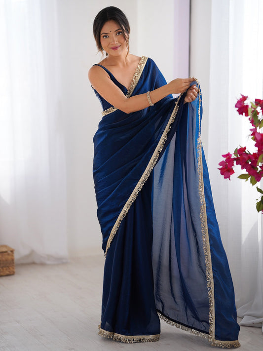 Blue Teal Party Wear Satin Embellished Saree