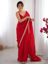 Red Party Wear Satin Embellished Saree - The Dori Store