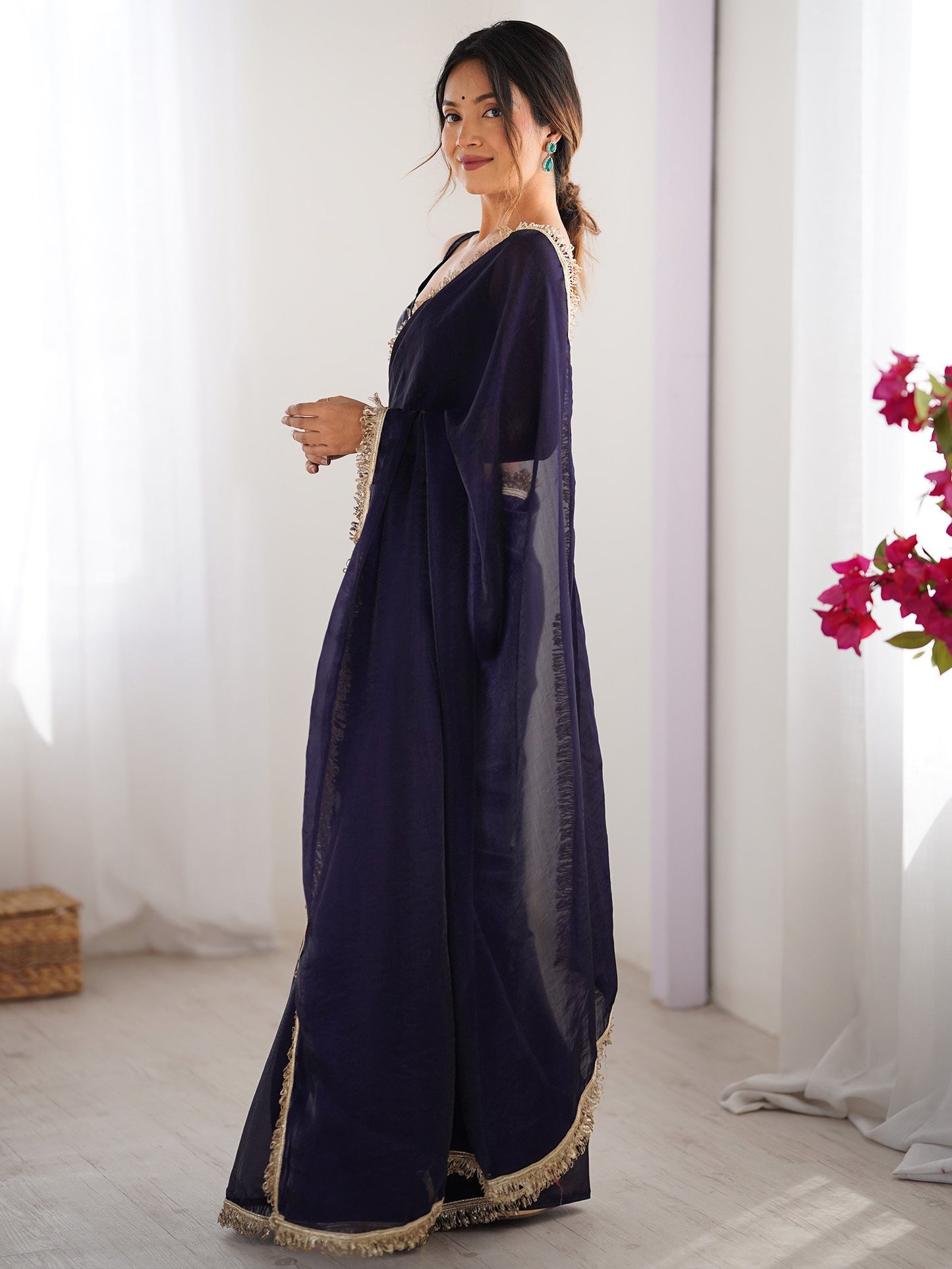 Purple Party Wear Satin Embellished Saree