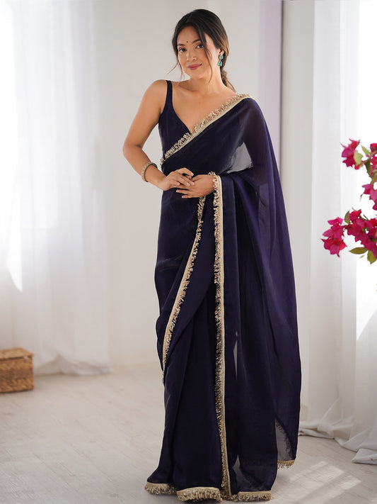 Purple Purple Party Wear Satin Embellished Saree