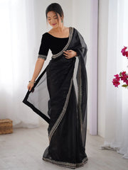 Black Party Wear Net Embellished Saree - The Dori Store