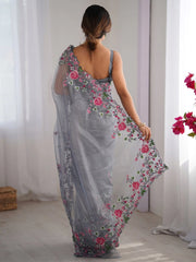 Grey Party Wear Net Embroidered Saree - The Dori Store