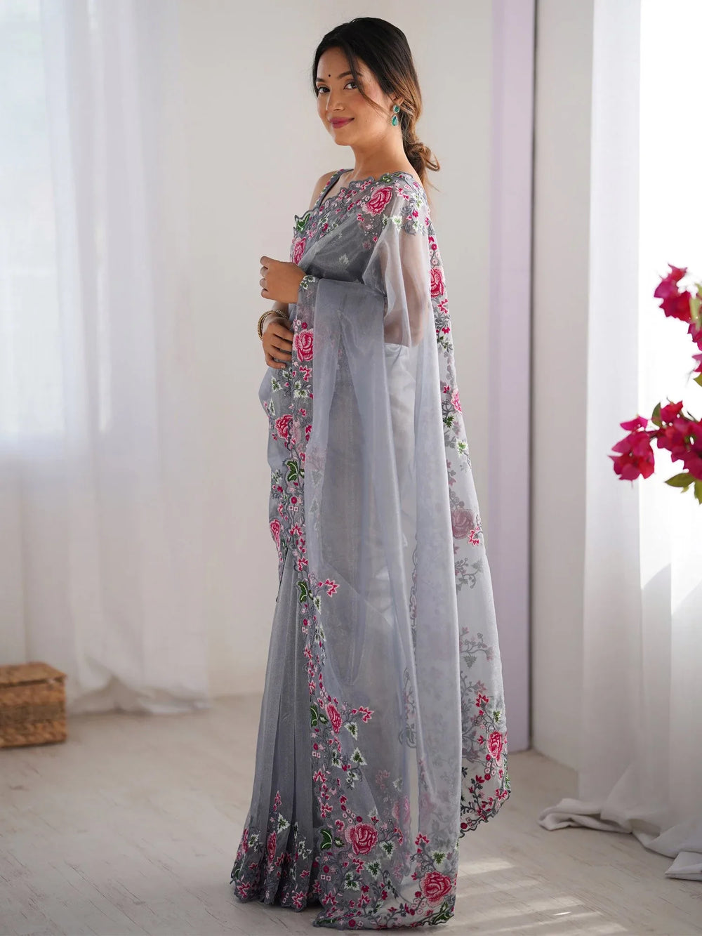 Grey Party Wear Net Embroidered Saree - The Dori Store