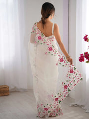 Off White Party Wear Net Embroidered Saree - The Dori Store