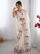 Off White Party Wear Net Embroidered Saree - The Dori Store