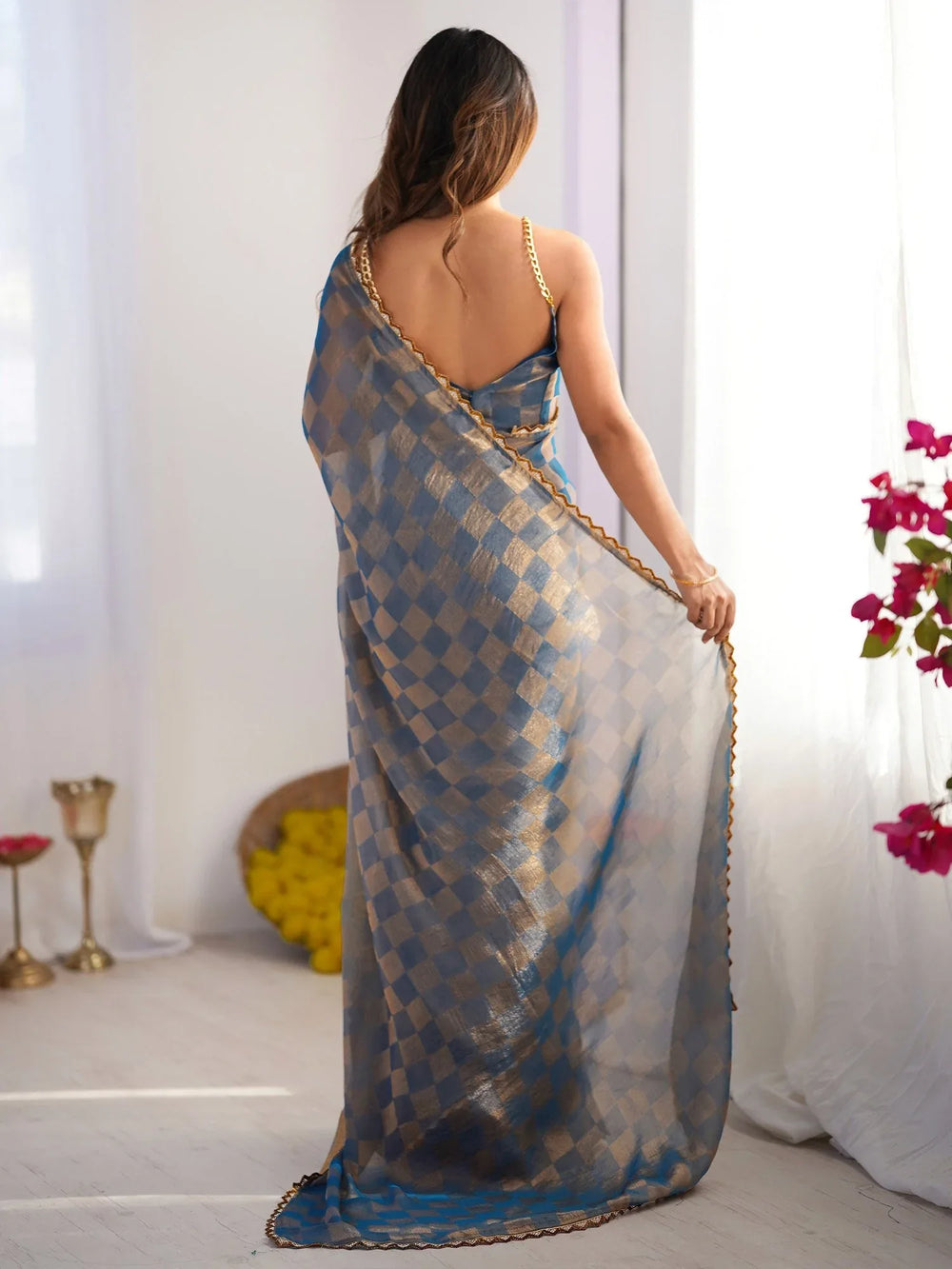 Blue Party Wear Chiffon Embellished Saree - The Dori Store