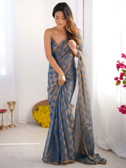 Blue Party Wear Chiffon Embellished Saree - The Dori Store