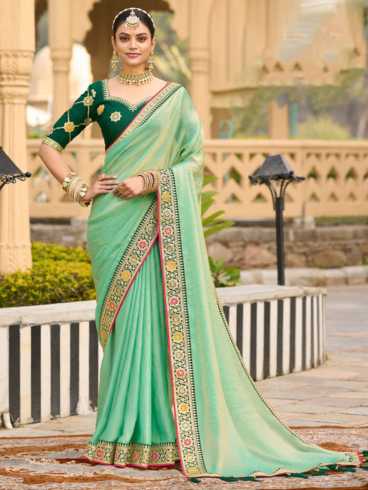 Green Light Party Wear Satin Silk Embellished Saree
