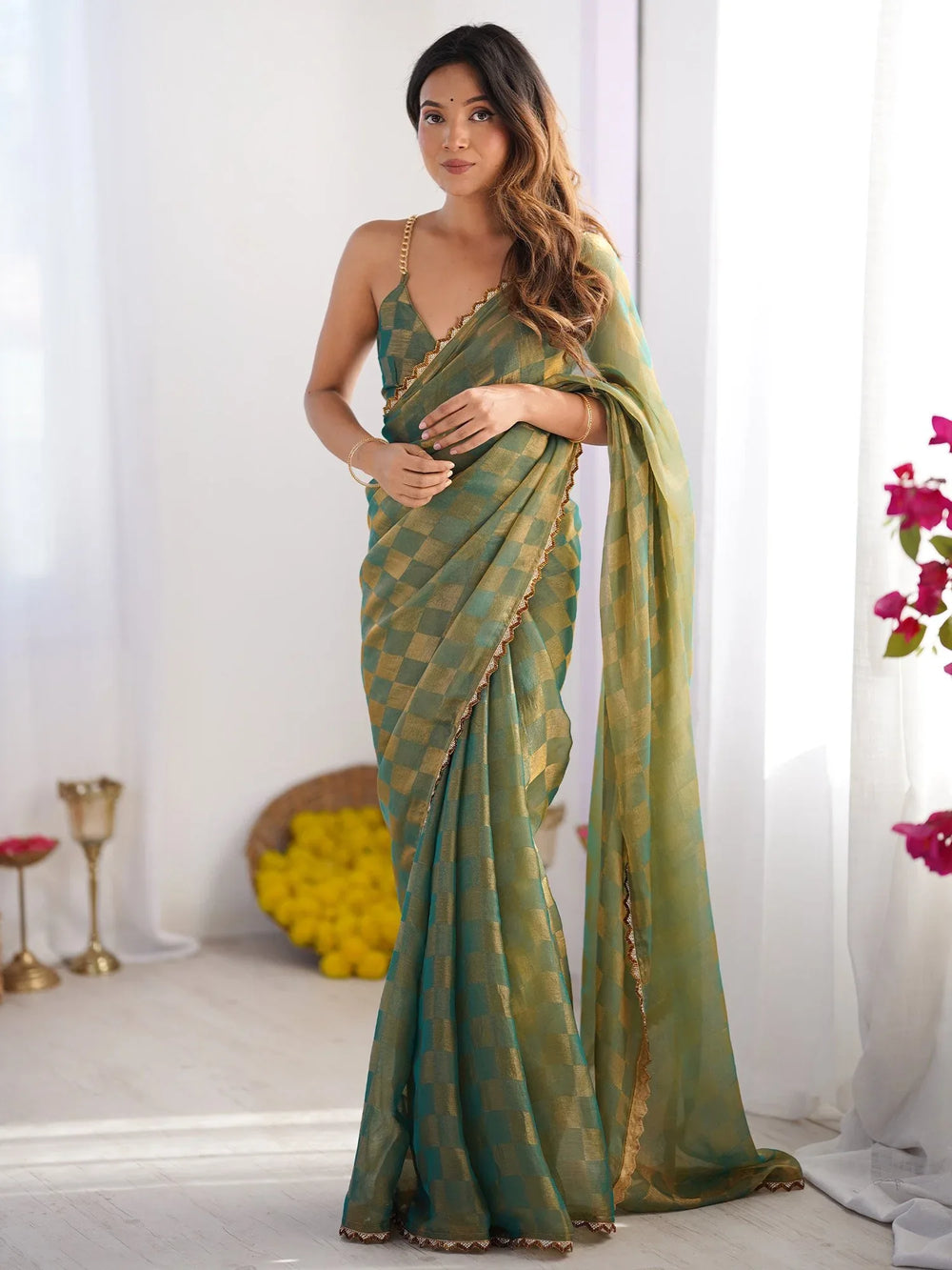 Sea Party Wear Chiffon Embellished Saree - The Dori Store