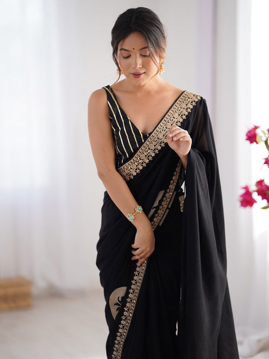 Black Black Party Wear Vichitra Silk Embellished Saree