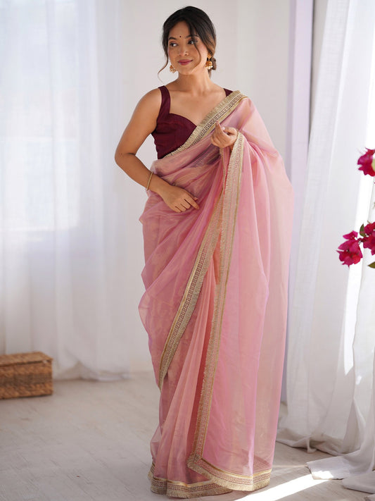Pink Pink Party Wear Net Embellished Saree