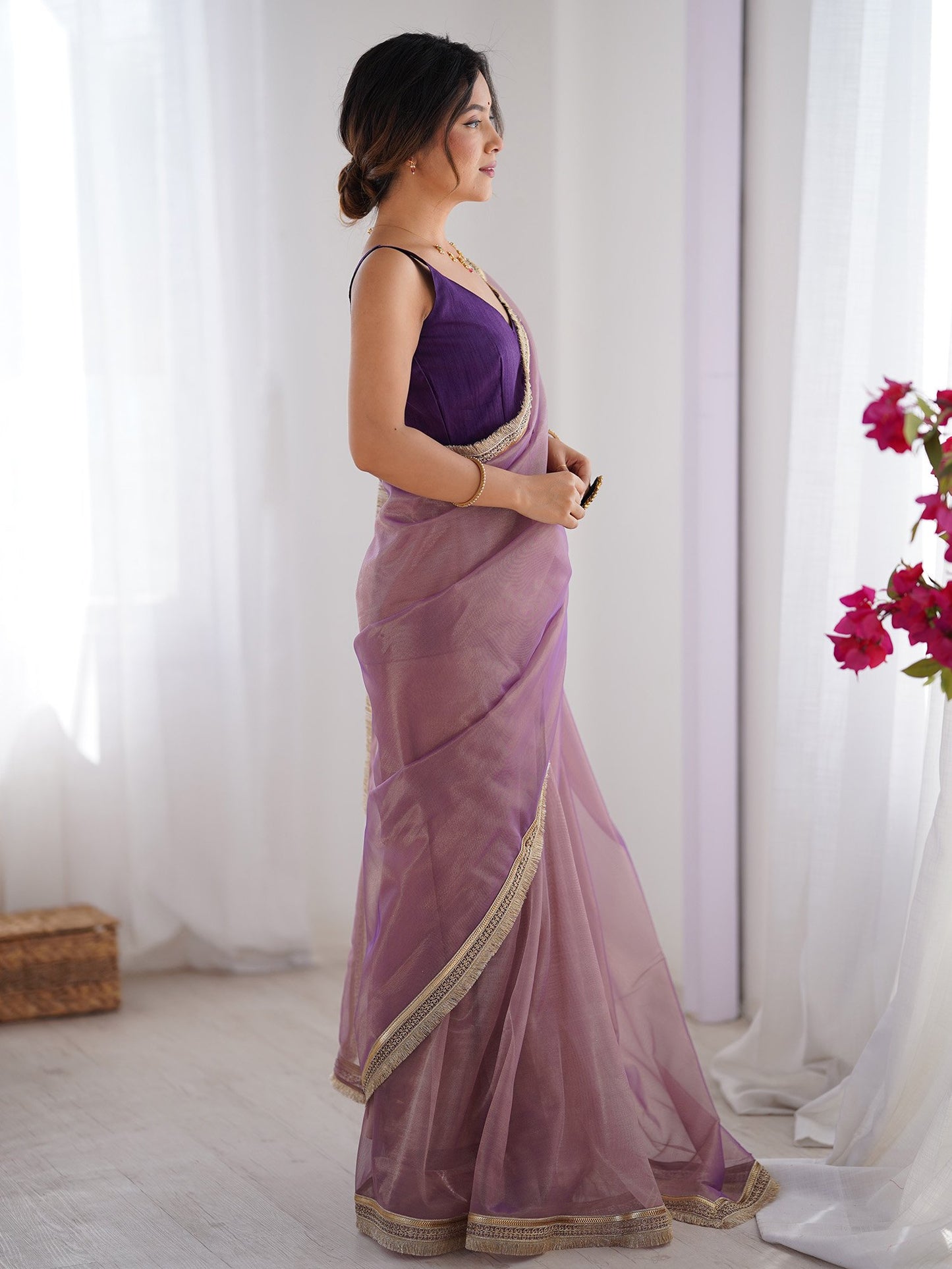 Lavendar Party Wear Net Embellished Saree
