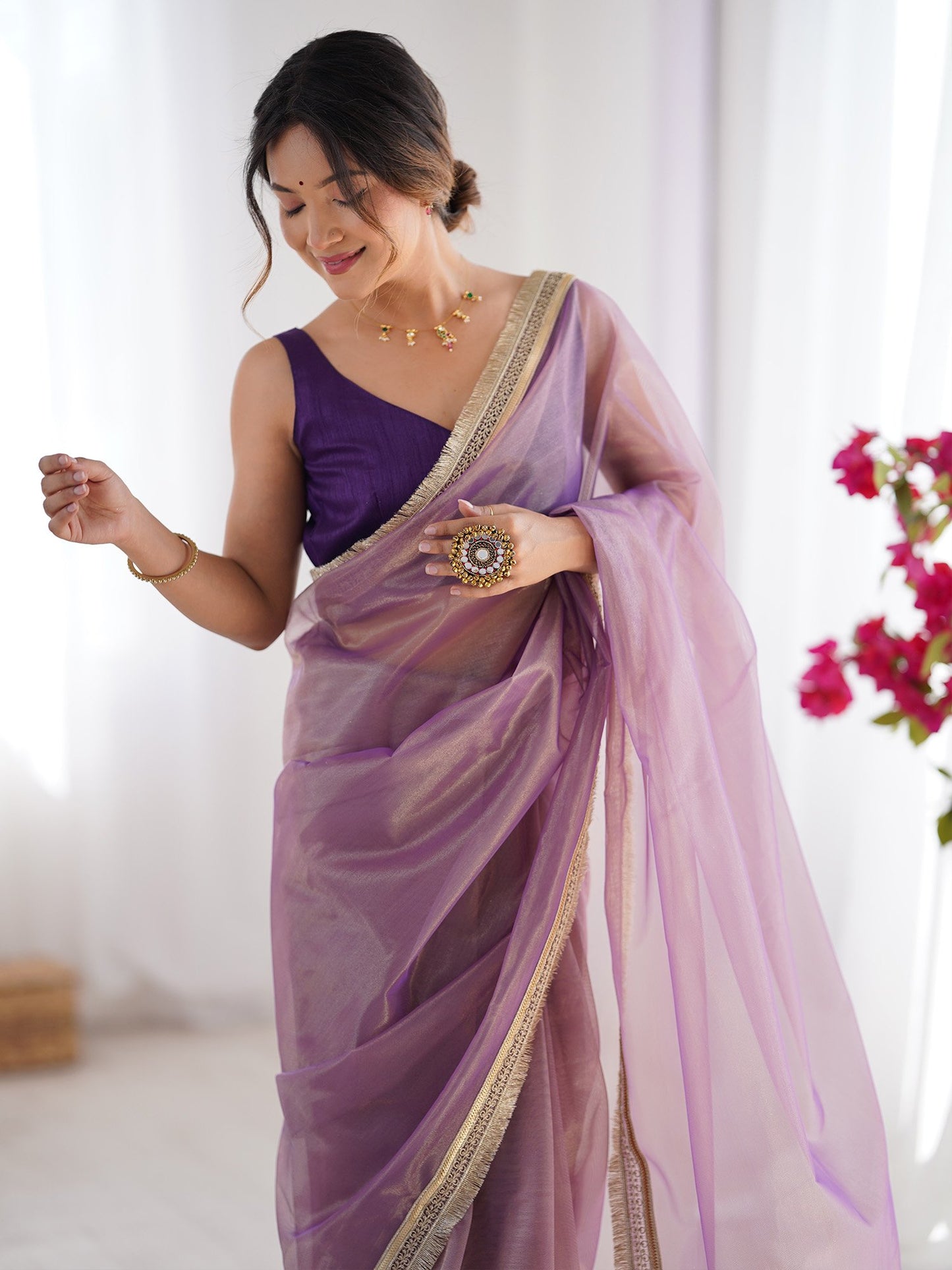 Lavendar Party Wear Net Embellished Saree