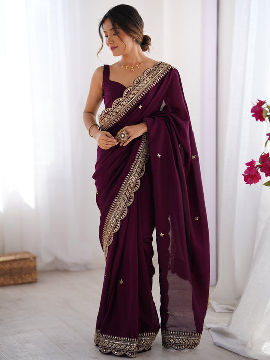 Purple Purple Party Wear Vichitra Silk Embellished Saree
