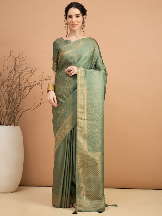 Green Light Banarasi Satin Silk Woven Saree