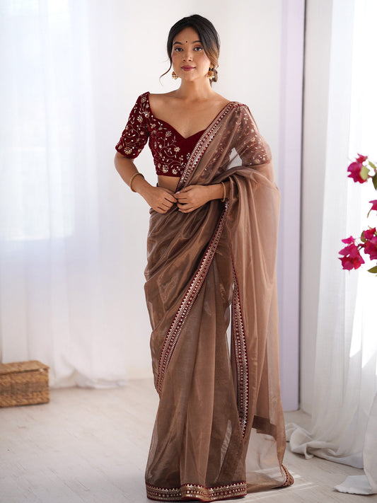 Brown Bronze Party Wear Net Embellished Saree