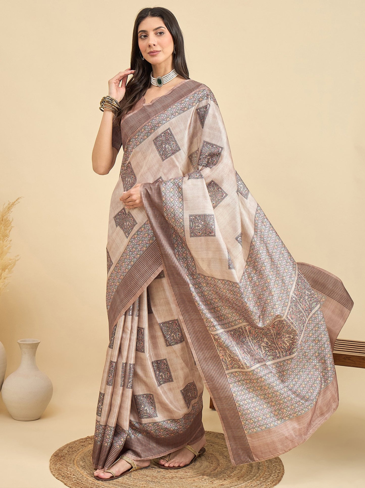Beige Tussar Manipuri Silk Printed Saree