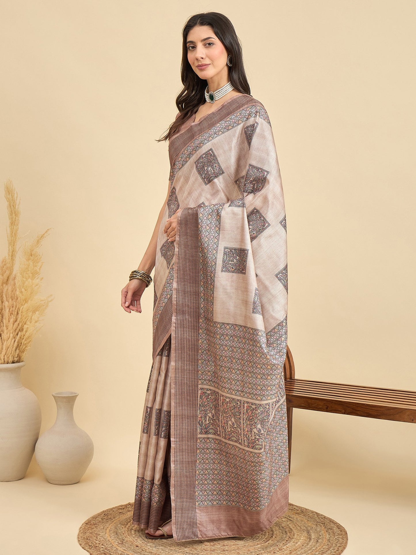 Beige Tussar Manipuri Silk Printed Saree