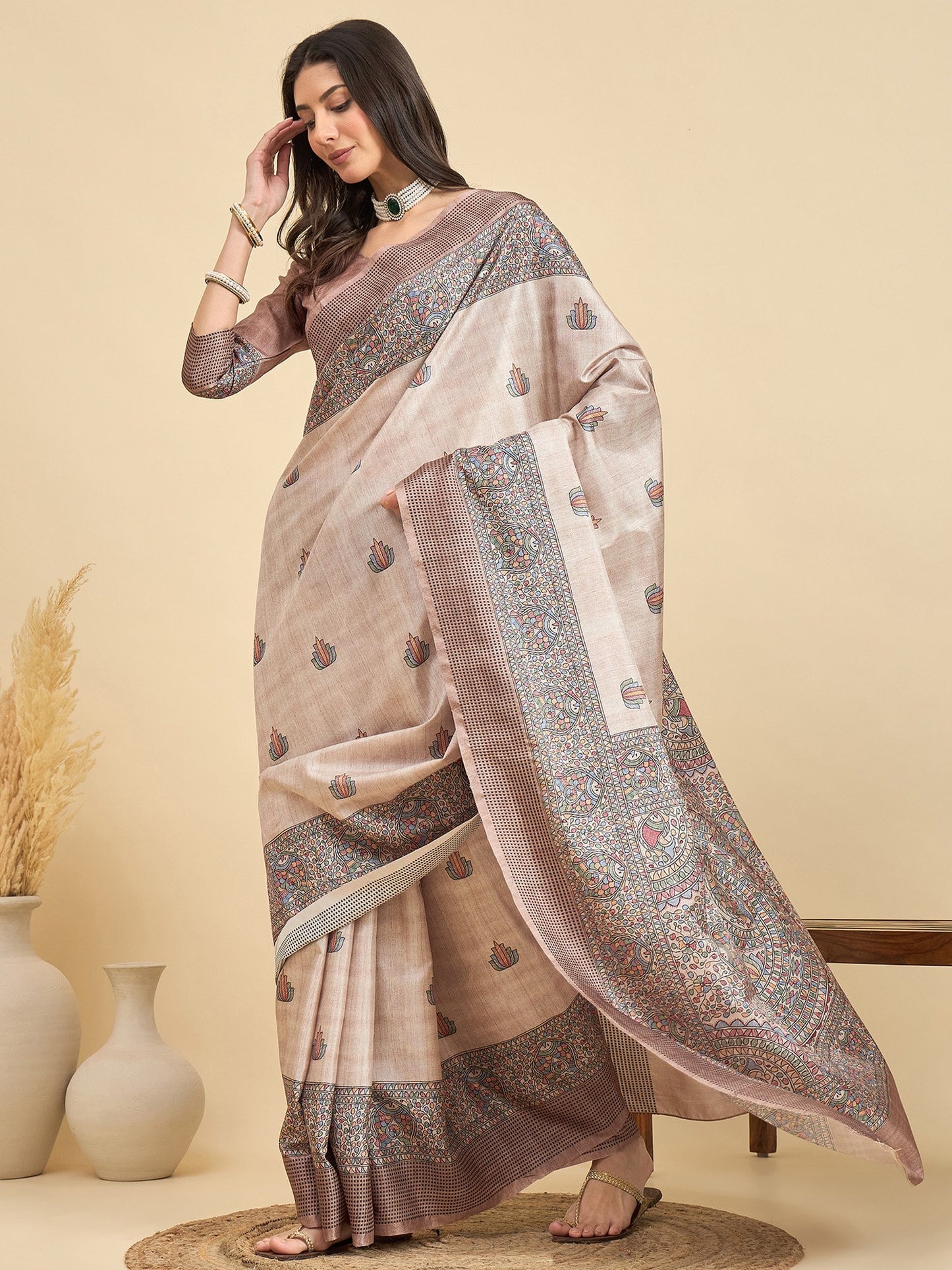 Beige Tussar Manipuri Silk Printed Saree