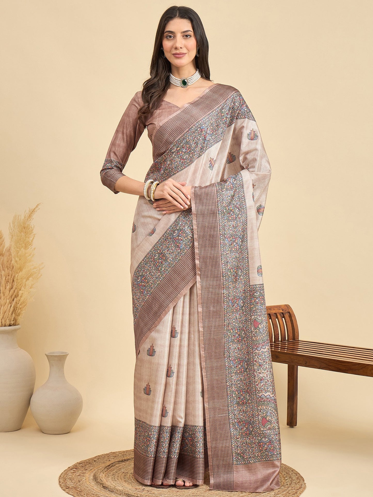 Cream Beige Tussar Manipuri Silk Printed Saree