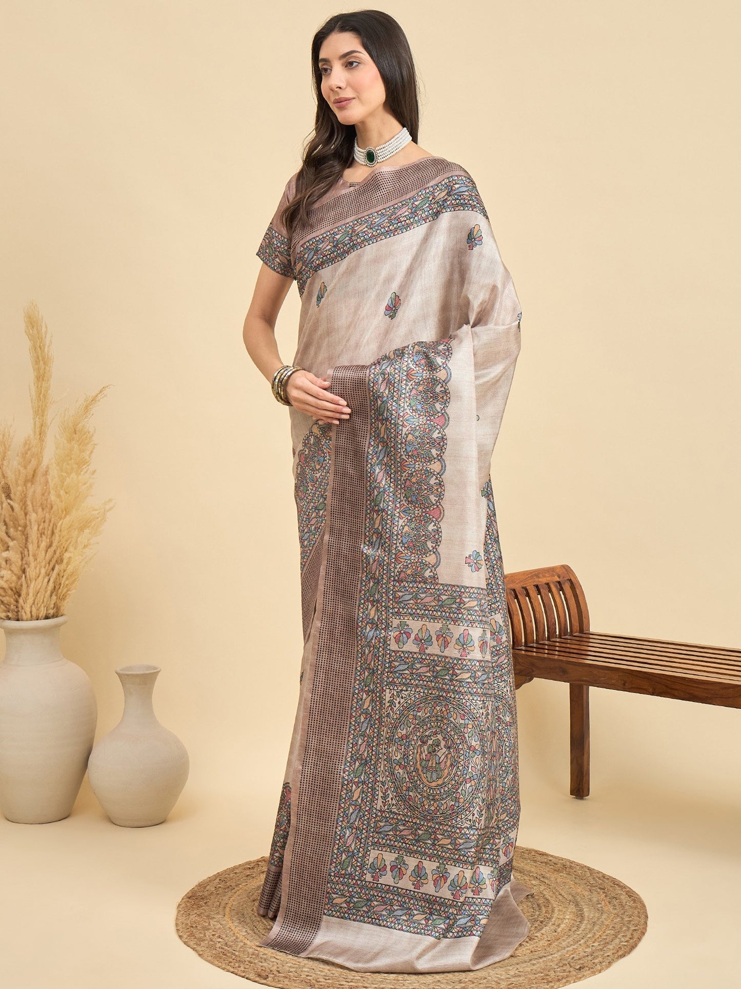 Beige Tussar Manipuri Silk Printed Saree