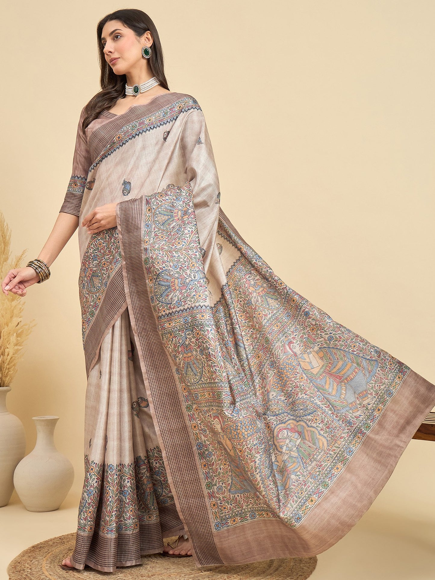 Beige Tussar Manipuri Silk Printed Saree