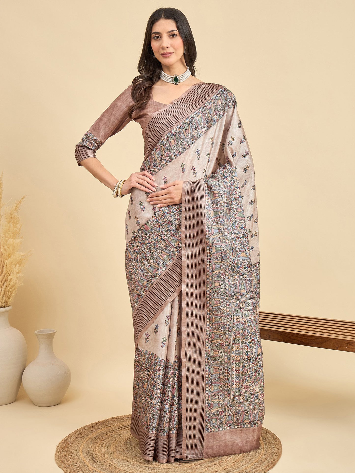 Cream Beige Tussar Manipuri Silk Printed Saree