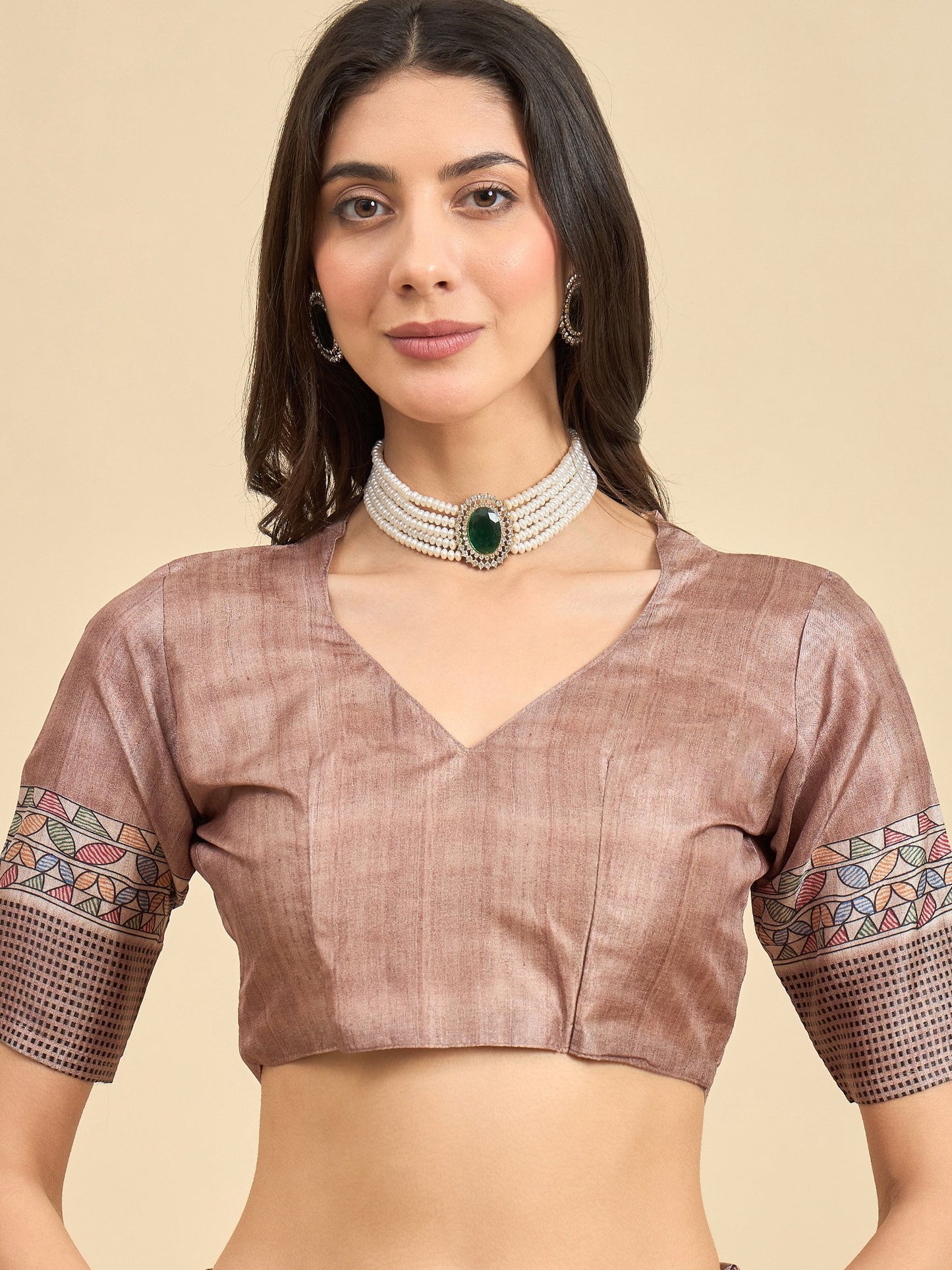 Beige Tussar Manipuri Silk Printed Saree