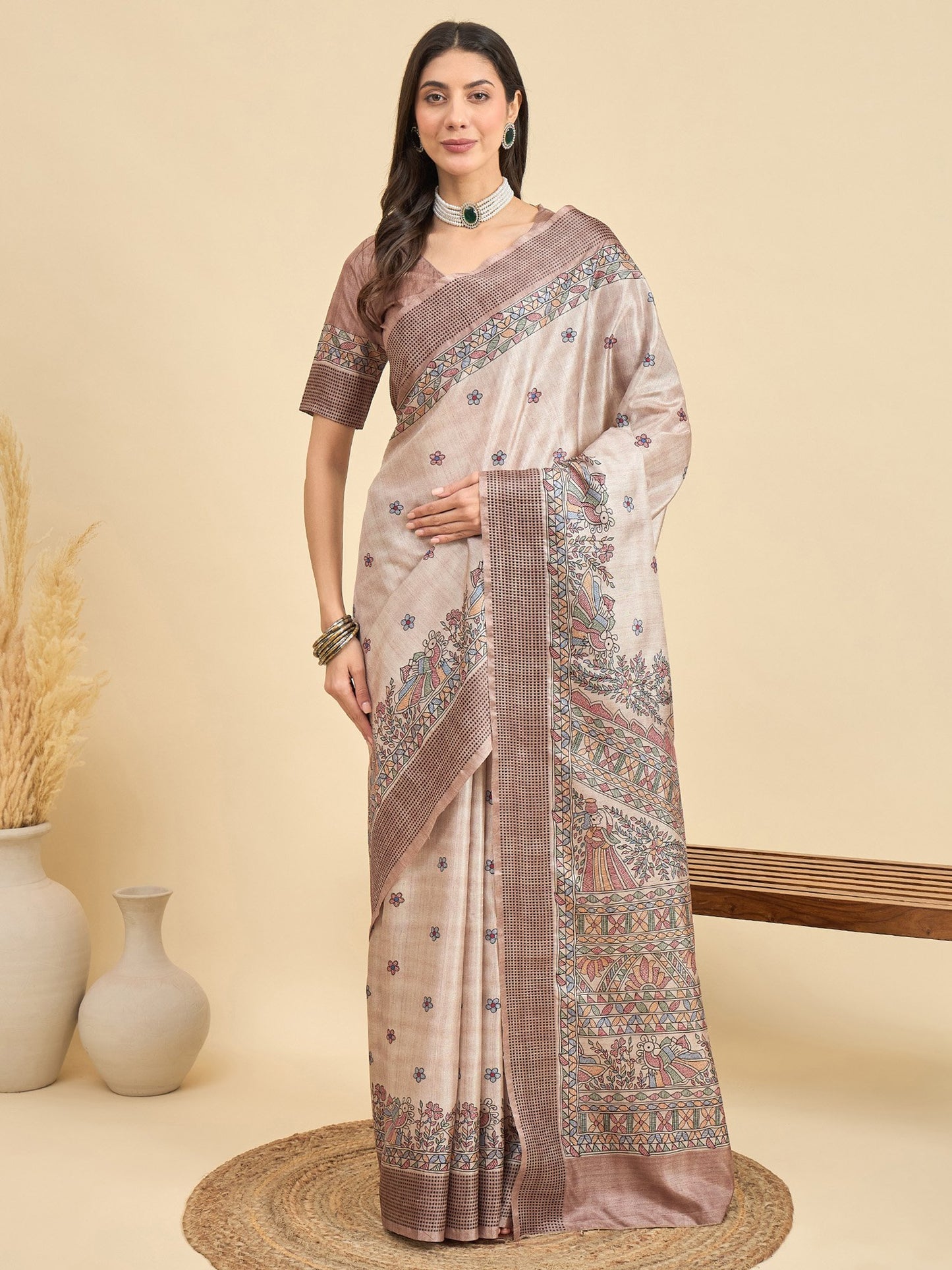 Cream Beige Tussar Manipuri Silk Printed Saree