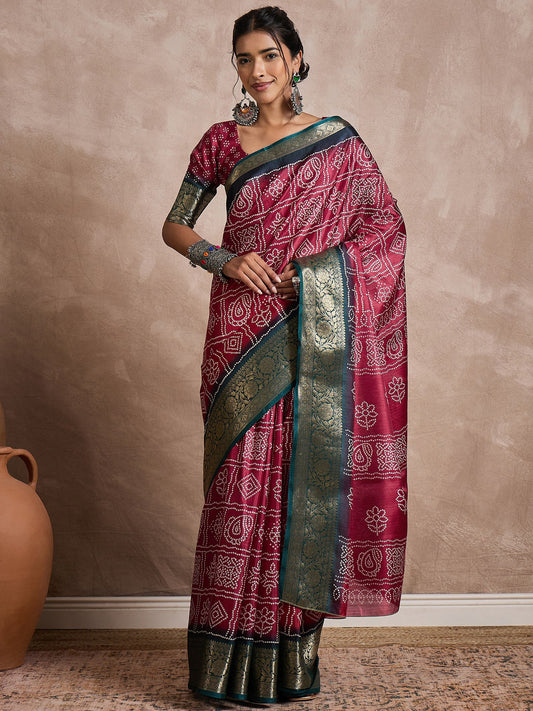 Pink Burgundy Sungudi Dola Silk Printed Saree