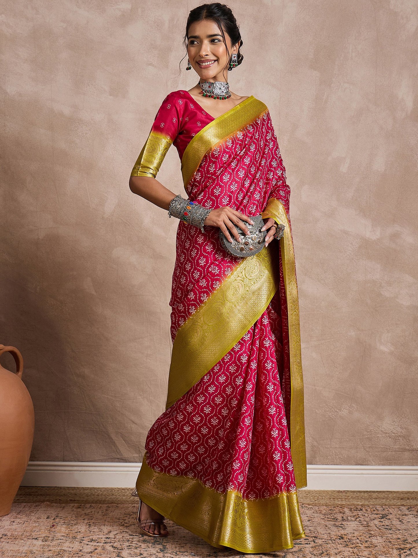 Pink Sungudi Dola Silk Printed Saree