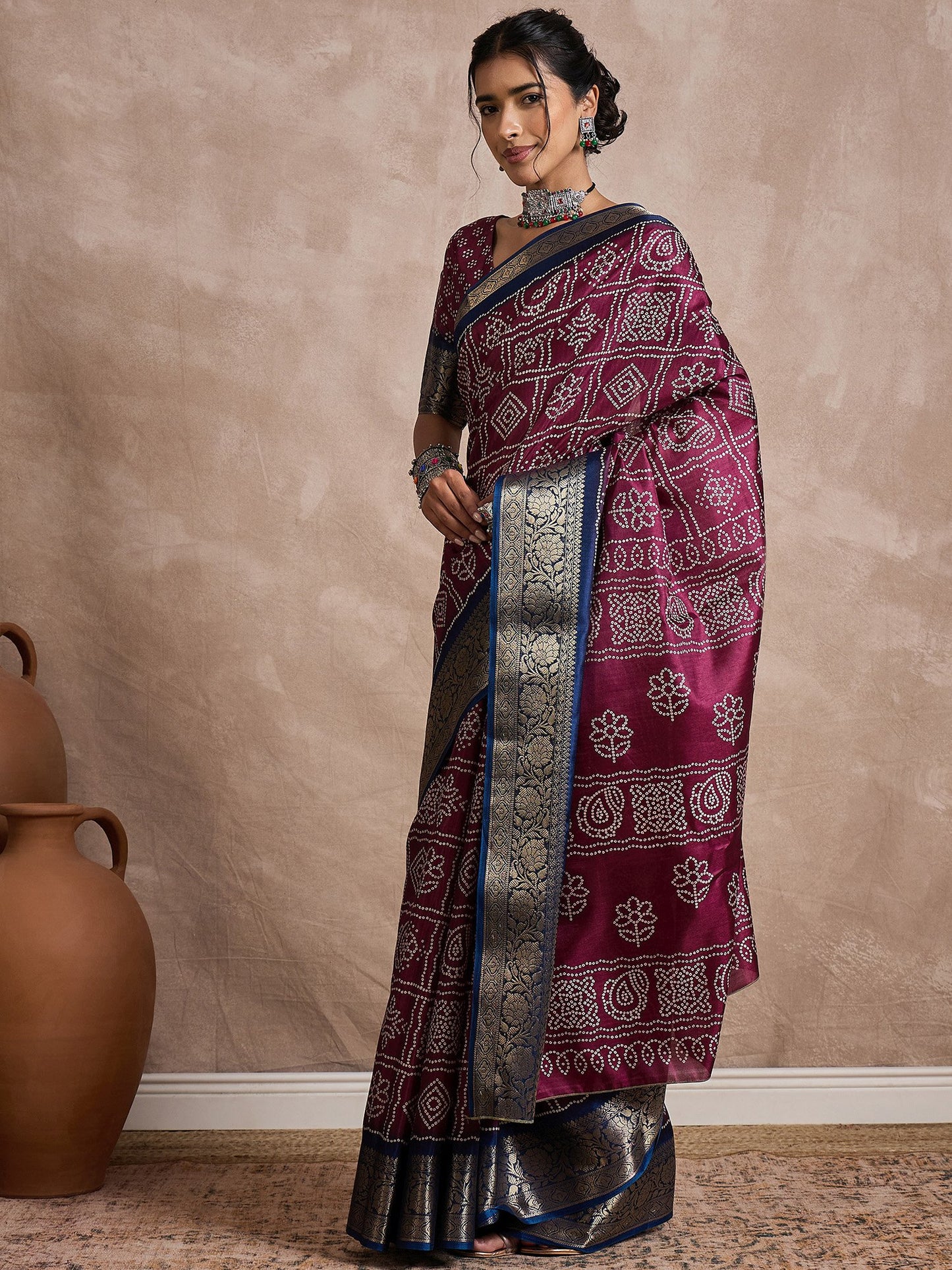 Magenta Sungudi Dola Silk Printed Saree
