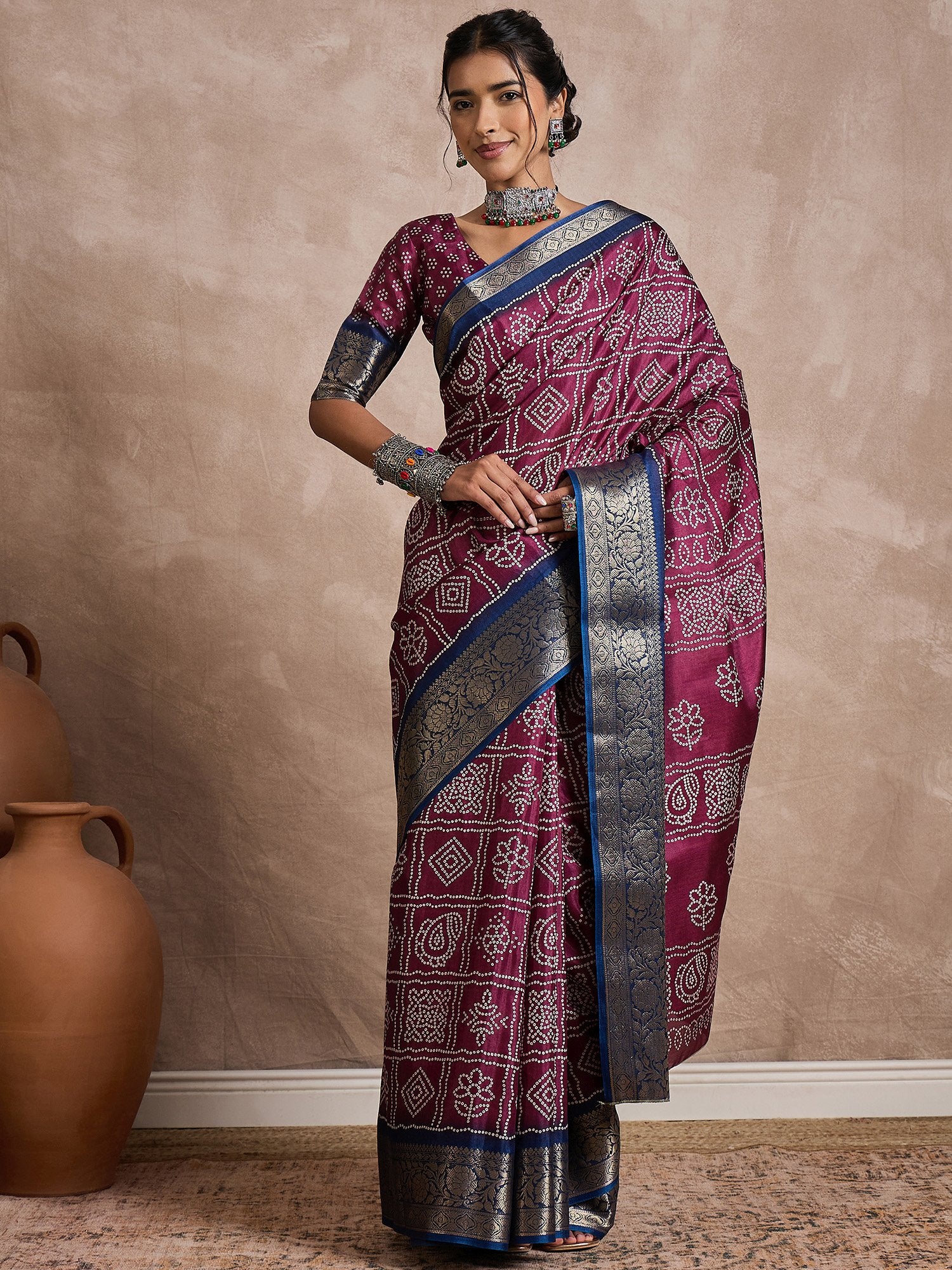 Purple Magenta Sungudi Dola Silk Printed Saree